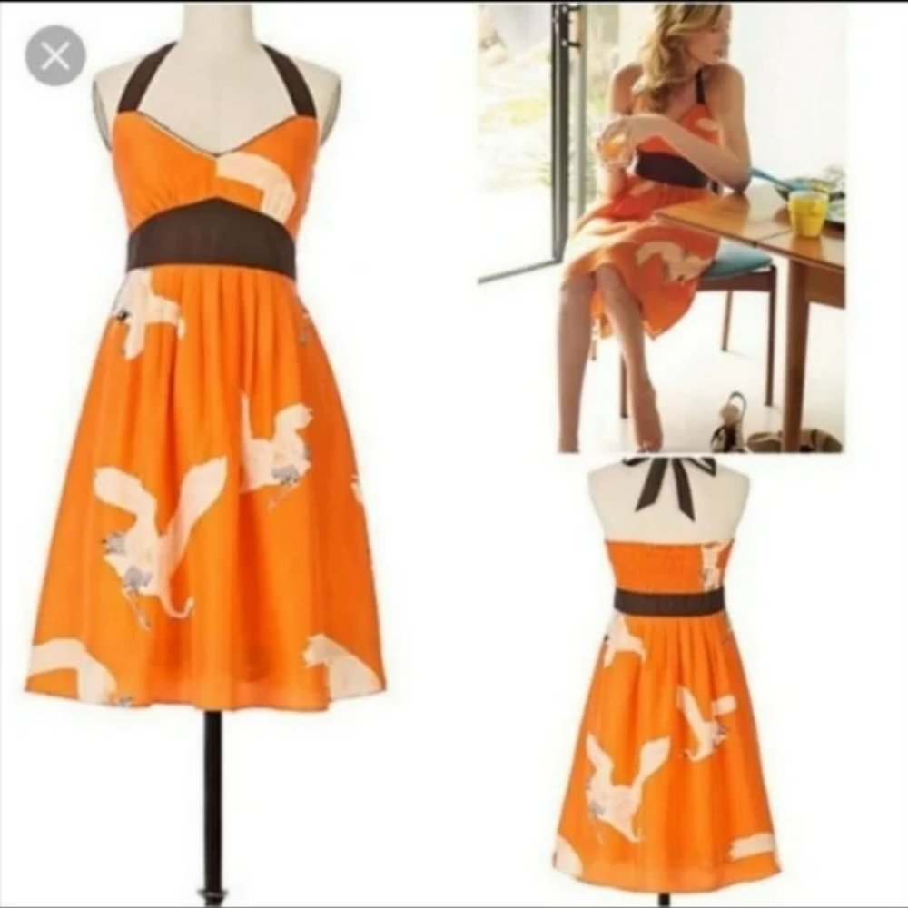 Anthro Moulinette Soeurs orange halter silk bird crane dress
